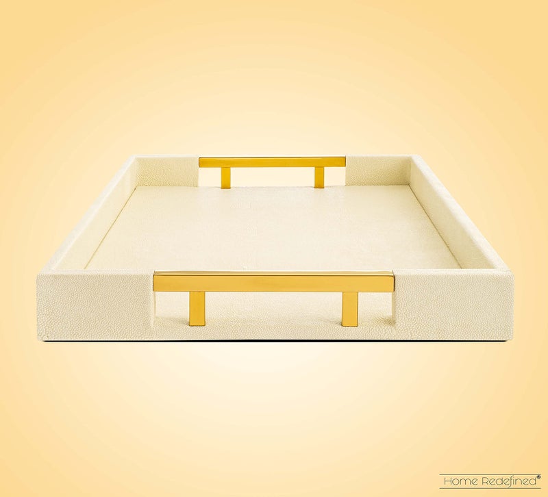 Home Redefined Modern Elegant 17.5â€x12â€ Rectangle Cream Rectangle Shagreen Faux Leather Decorative Tray Ottoman Tray Coffee Table Perfume Living Room Kitchen Serving Tray with Gold Polished Metal Handles. - Image 4